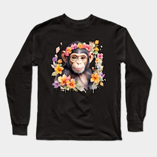 A baby chimpanzee decorated with beautiful watercolor flowers Long Sleeve T-Shirt